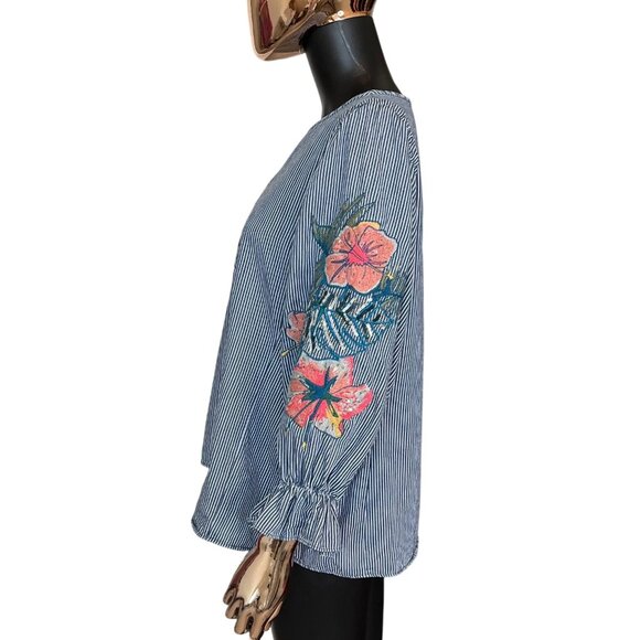 Zara Blue White Striped Embroidered Top Ruffle Sleeve Sequin Detail Medium - Picture 4 of 10